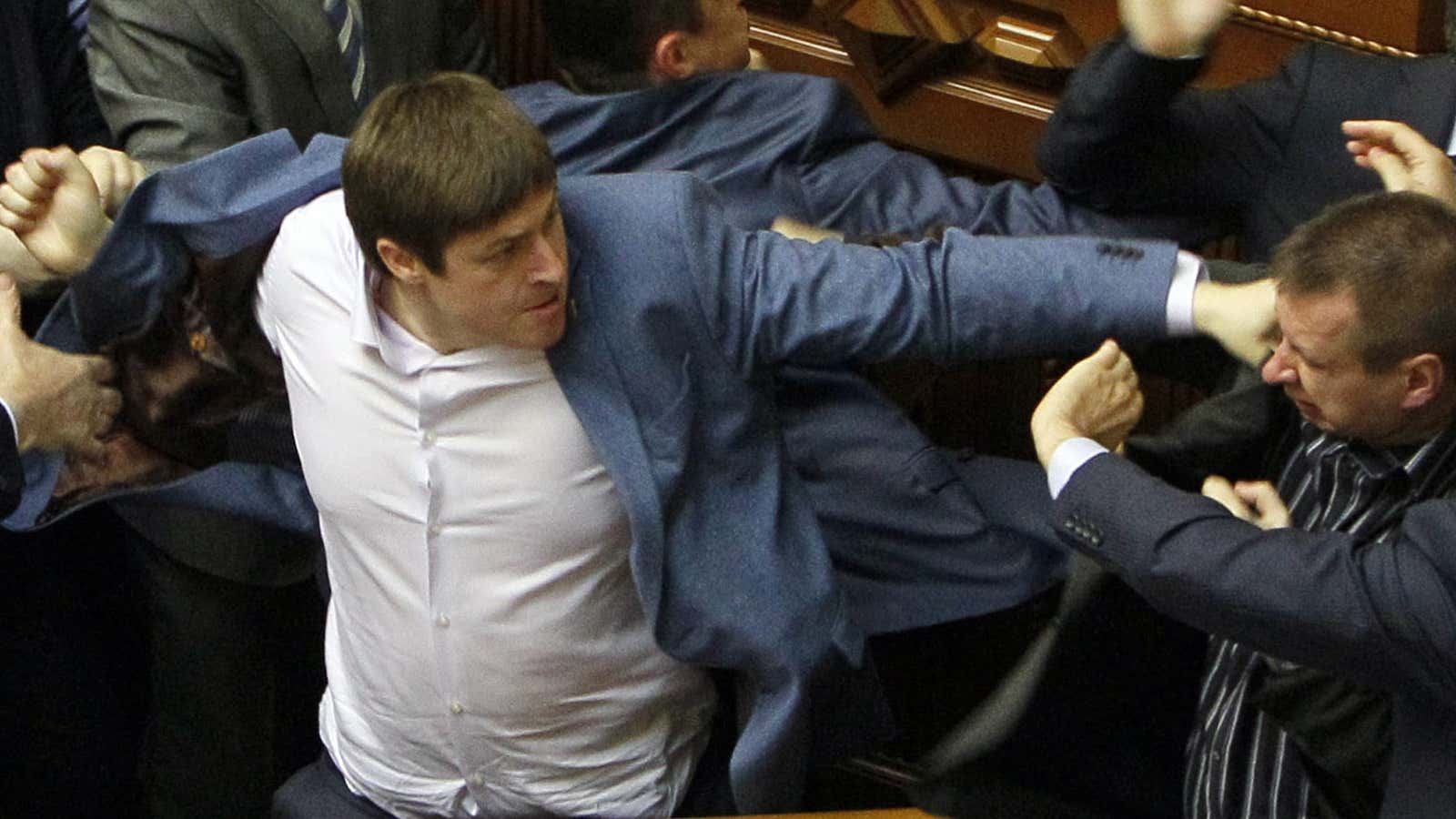 Deputies clash during a session of the parliament in Kiev in 2014.