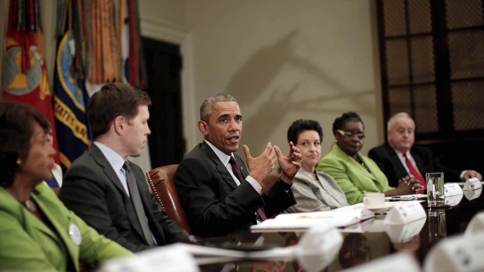 US president Barack Obama talks to journalists during a meeting with small business leaders to discuss the importance of reauthorizing the Export-Import Bank.