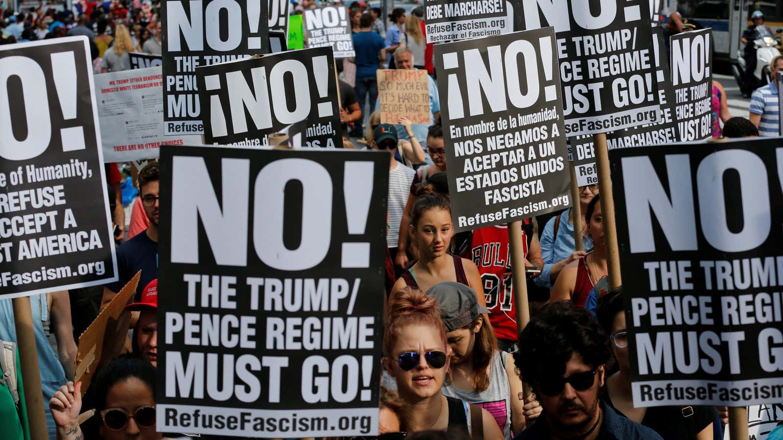 Protestors march against white nationalism in New York City.