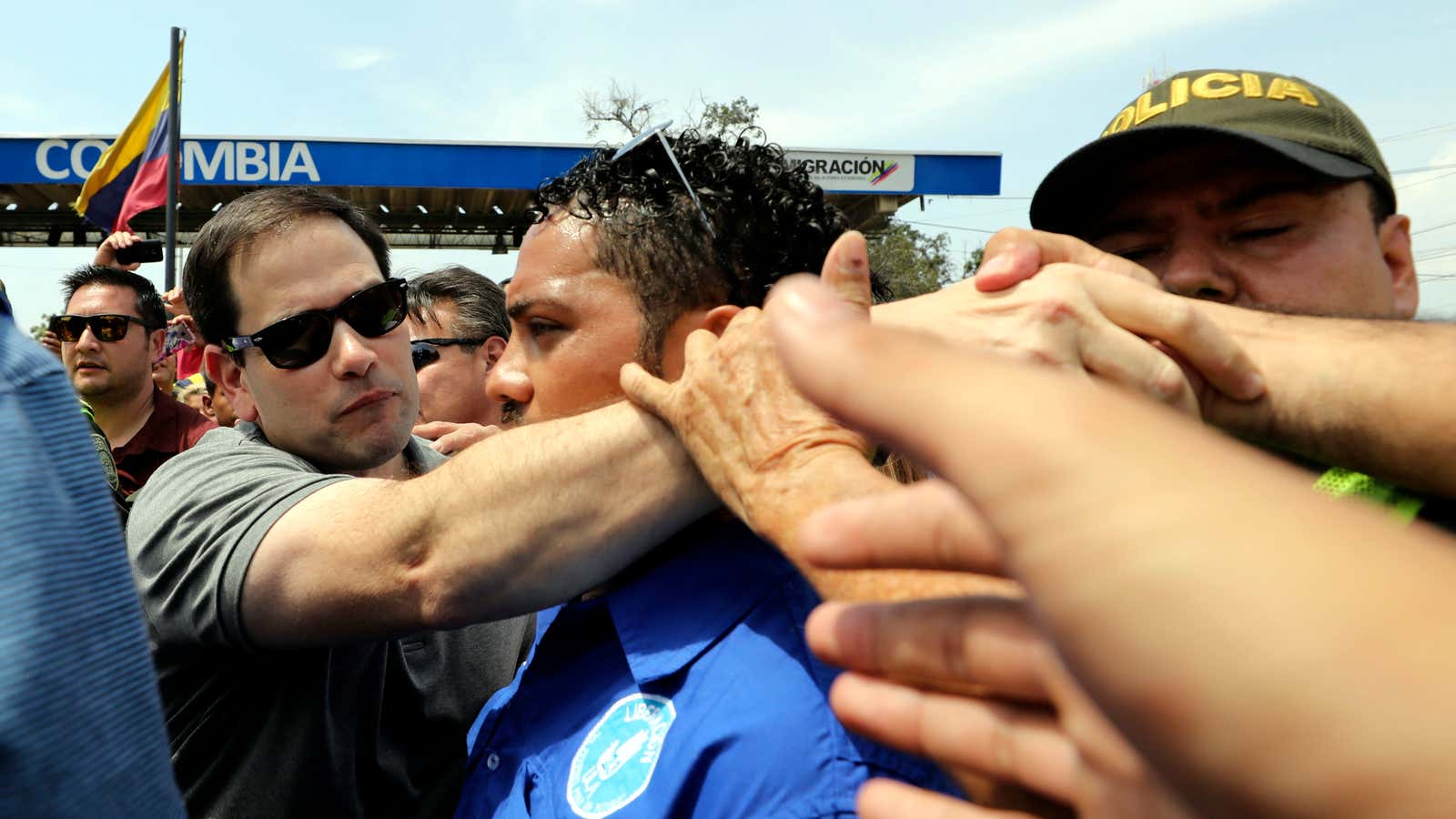 Rubio, in sunglasses, visits the Venezuela-Columbia border on Feb. 17.