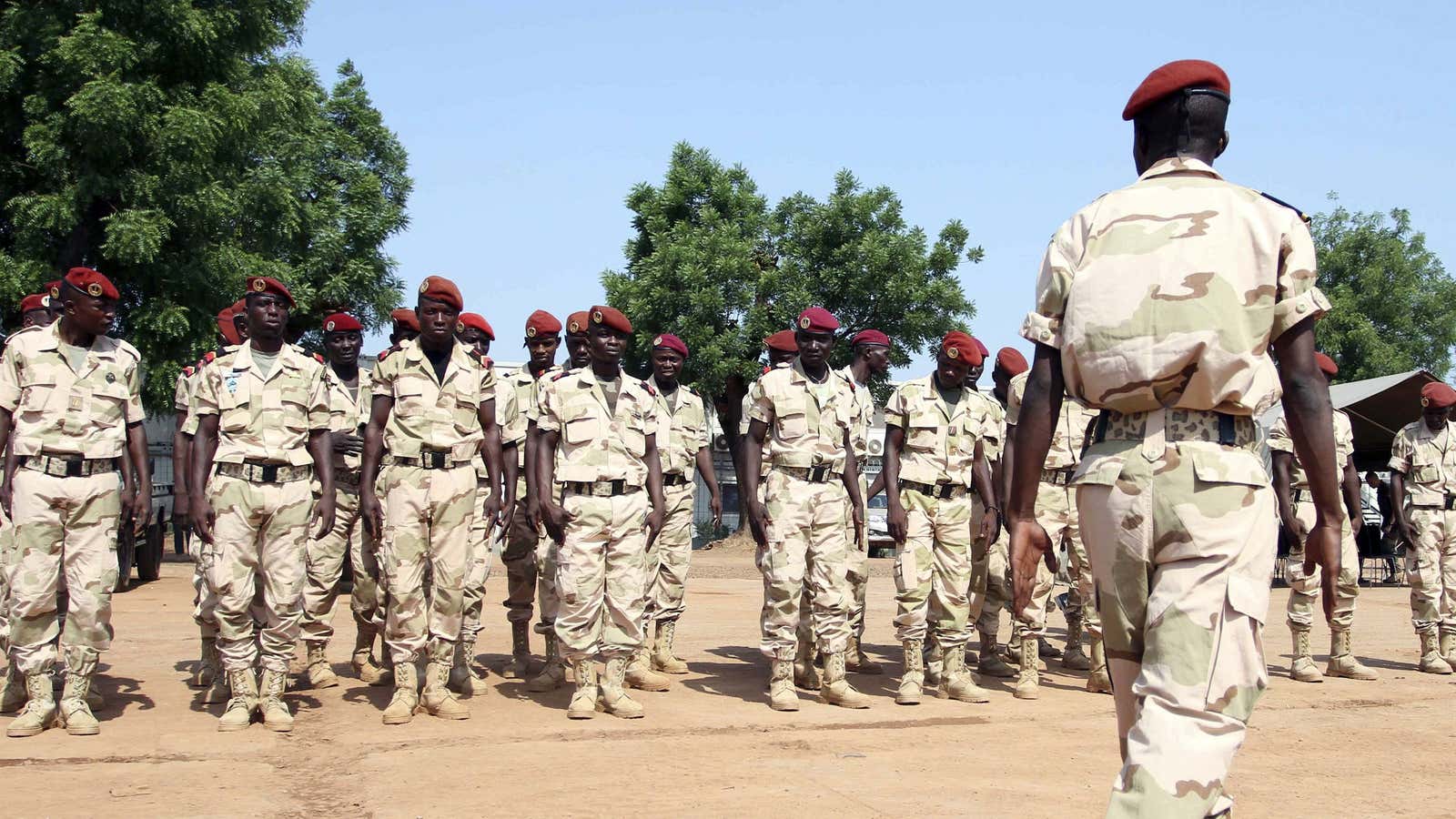 Members of the local military take part in a parade during the handover ceremony from the European military operation in the Central African Republic.