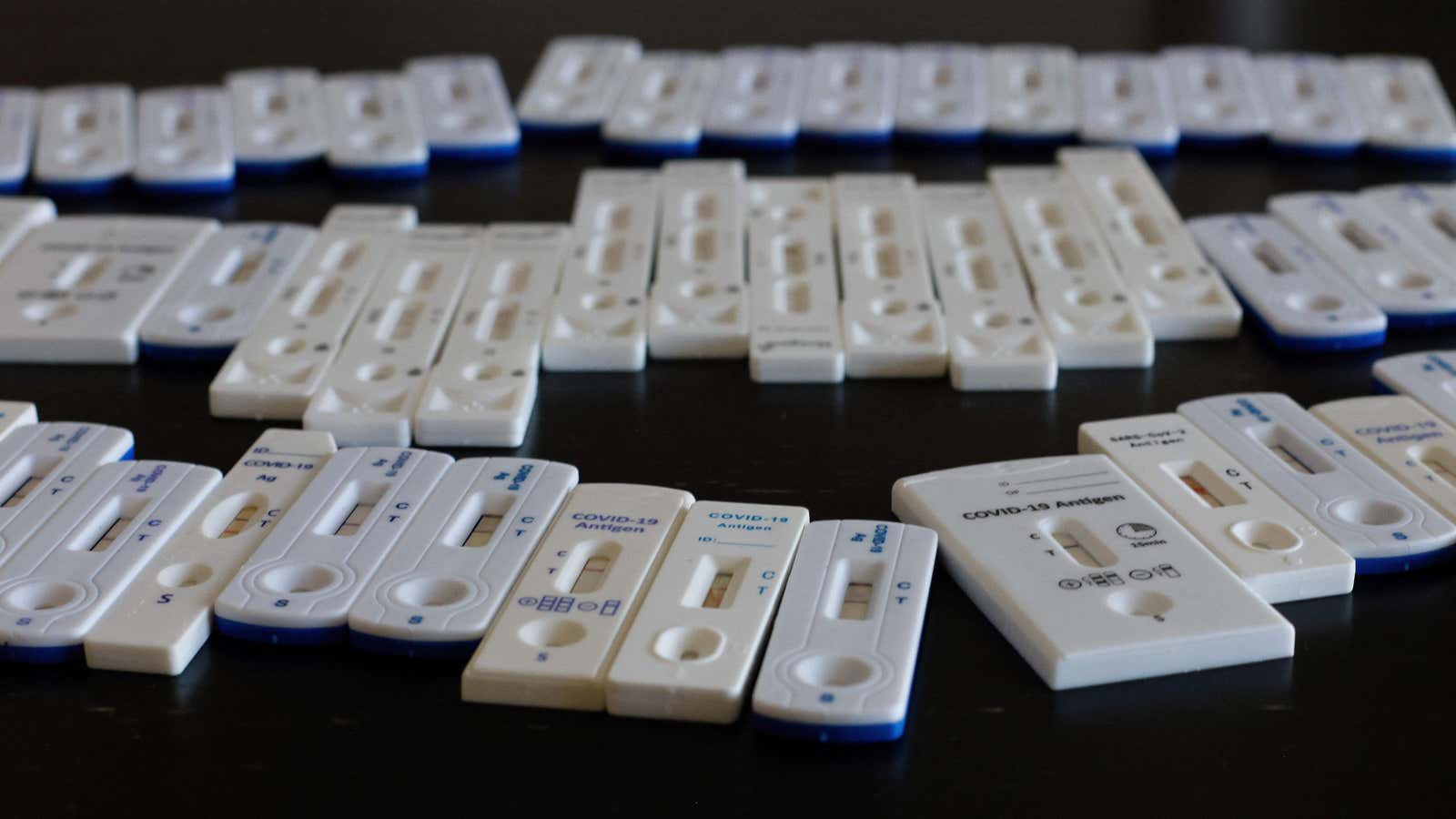 Covid-19 rapid antigen tests, both negative and some positive, taken and collected by one person over the past 18 months of the coronavirus COVID-19 pandemic. 