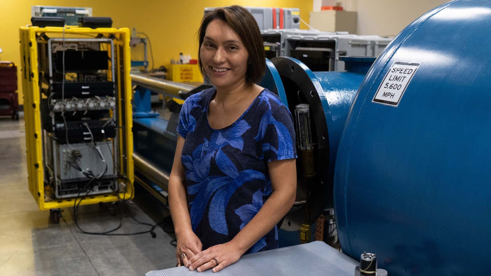 Sarah Stewart in her lab, where things crash.