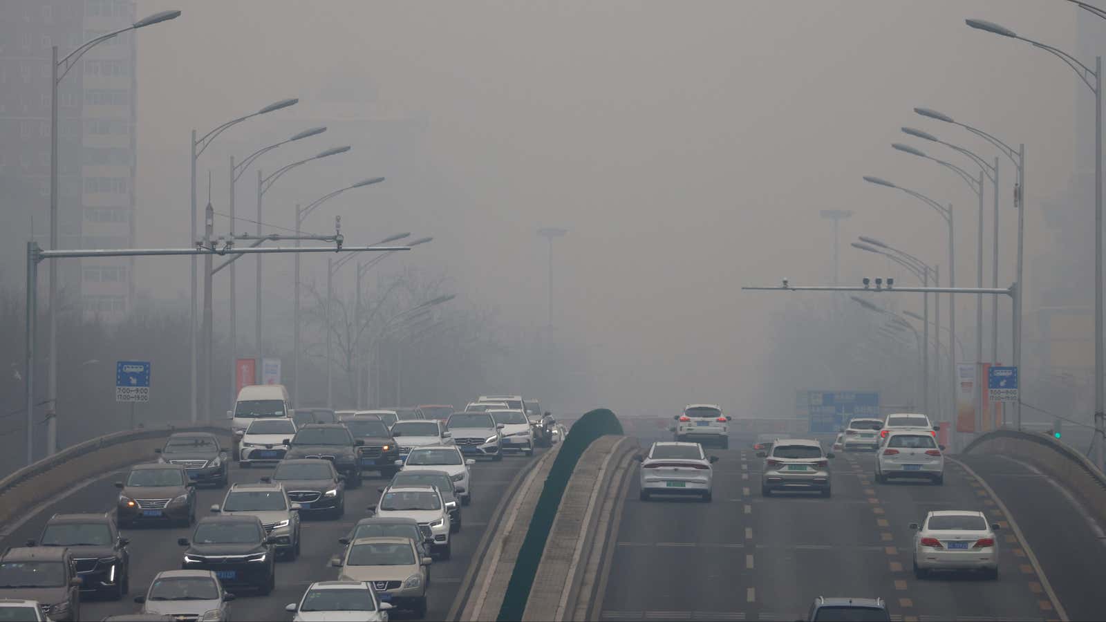 Smoggy skies on a high-pollution day in Beijing.