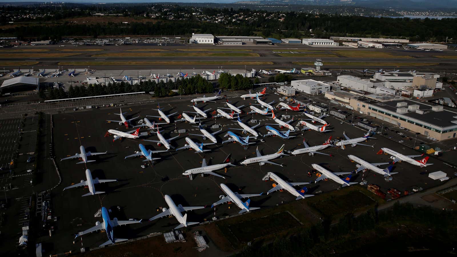 Boeing 737 Max aircraft in June, parked in a parking lot at Boeing Field in Seattle.