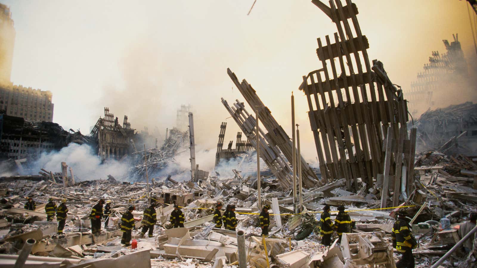 The rubble of the World Trade Center smoulders following a terrorist attack September 11, 2001 in New York. A hijacked plane crashed into and destroyed the landmark structure. (Photo by Porter Gifford/Corbis via Getty Images)