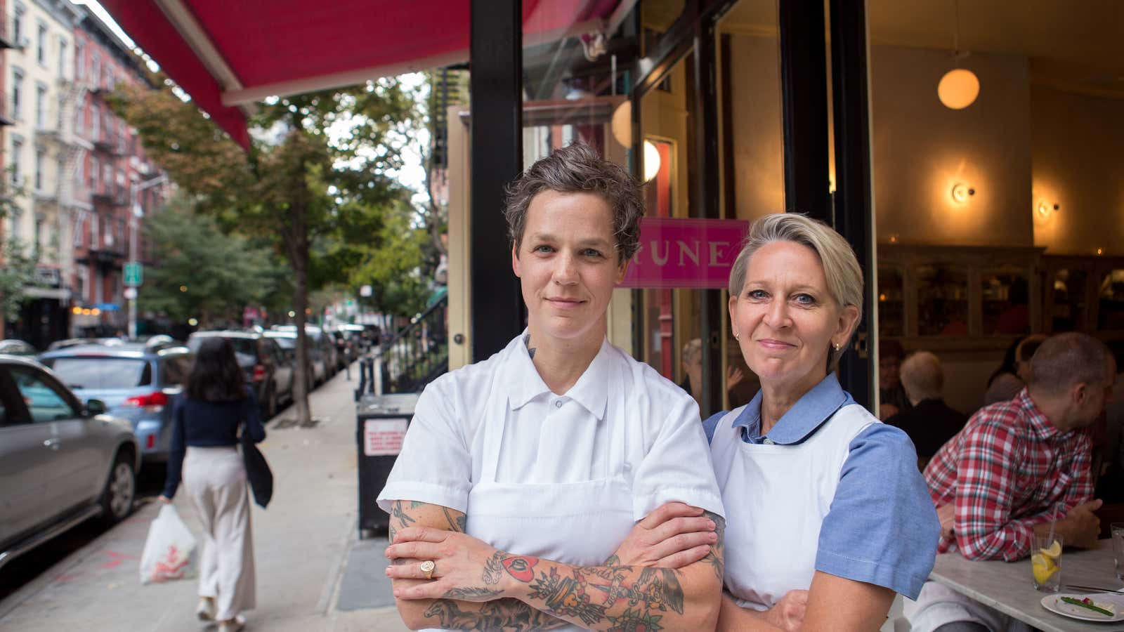 Chefs Ashley Merriman, left, and Gabrielle Hamilton, right, in front of Prune.