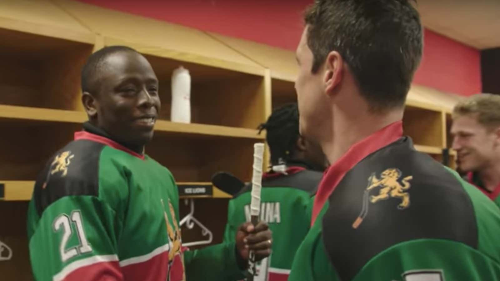 Benard Azegere, captain of the Kenya Ice Lions meets NHL star Sidney Cosby in the Tim Hortons commercial