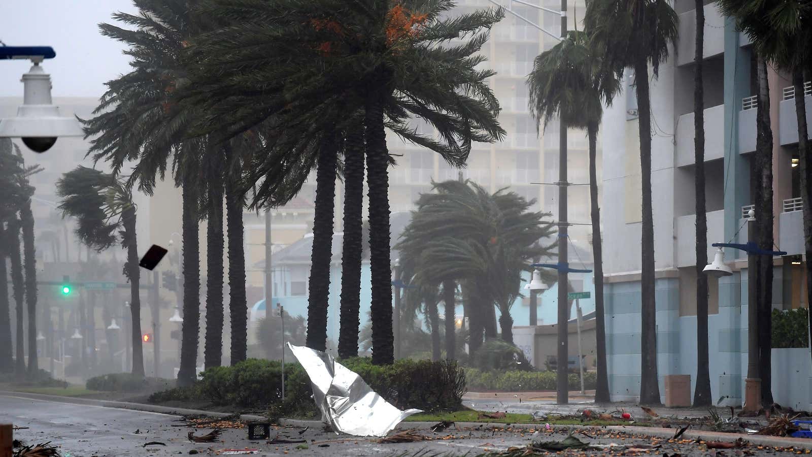 Debris flies through the air as the eye of Hurricane Matthew nears Daytona Beach, Florida on Oct. 7