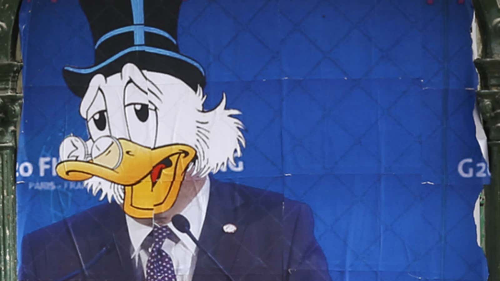 A street art poster of the Disney cartoon character recast as Scrooge McDuck.