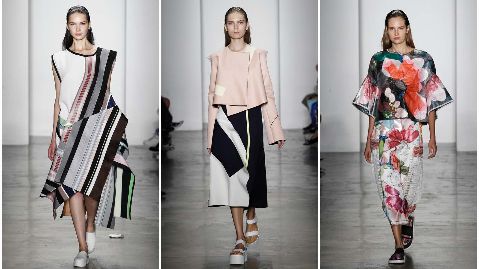 Looks by Long Xu, Pengji Cai, and Sisi Liu at Parsons’ recent MFA runway show.