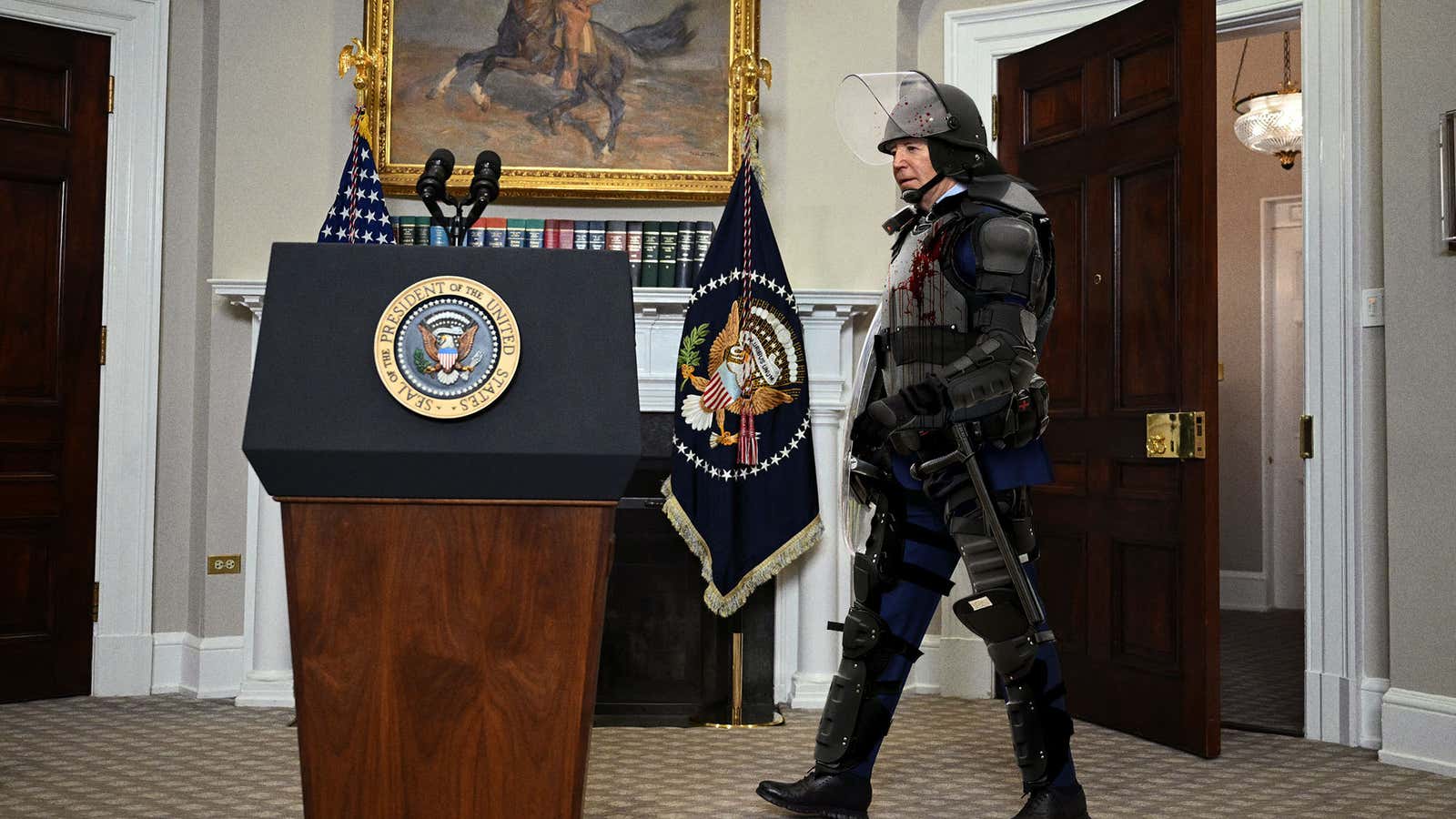Image for ‘Sorry I’m Late—These Protesters Were A Nightmare,’ Says Blood-Splattered, Riot-Gear-Clad Biden Entering Press Conference