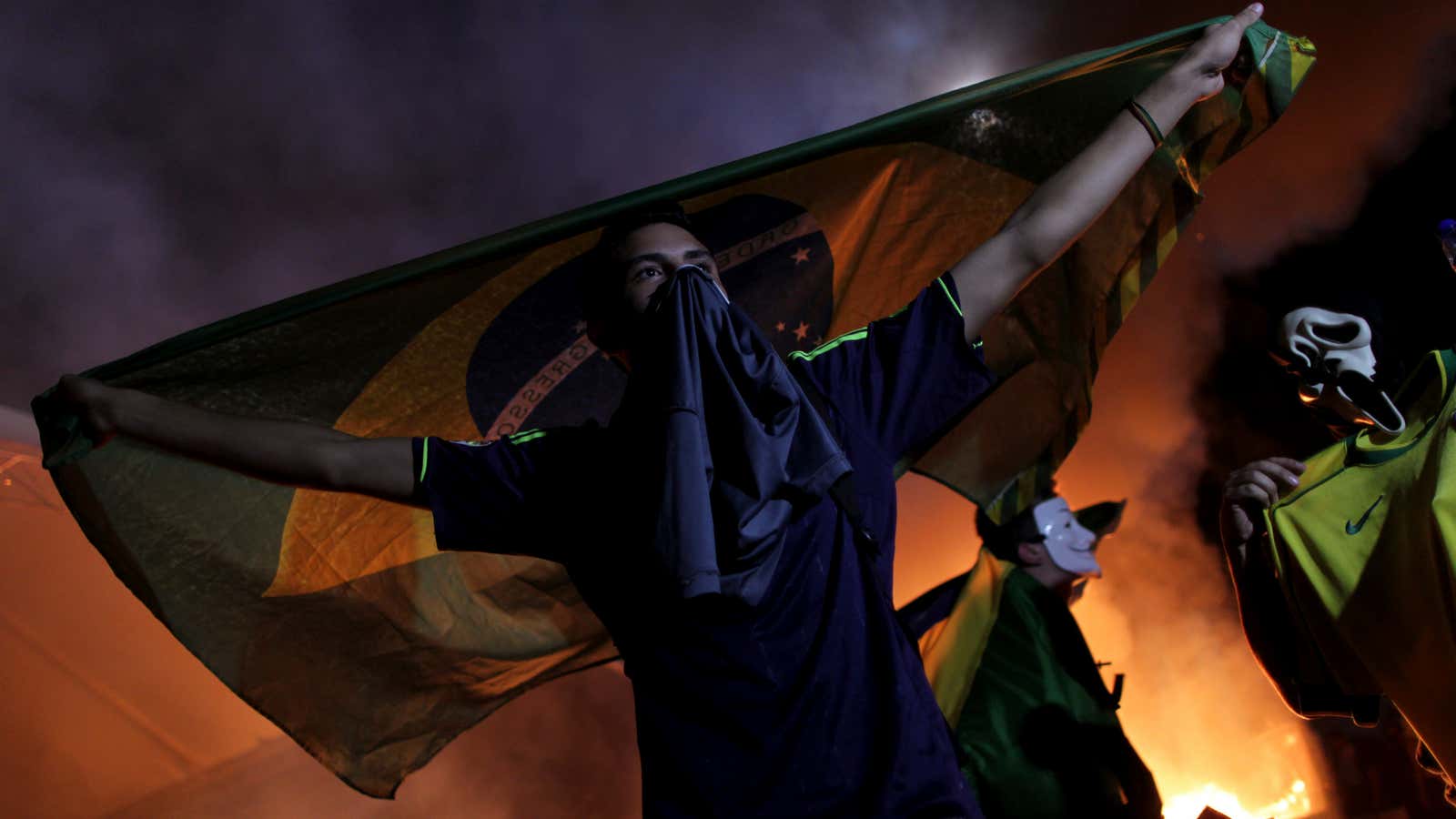 Brazil protester holds up flag.