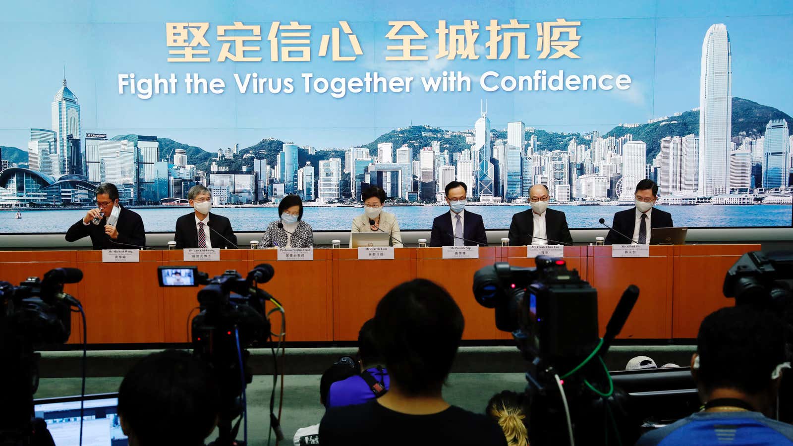 Hong Kong Chief Executive Carrie Lam, wearing a protective mask, speaks during a news conference on the global outbreak of the coronavirus disease (COVID-19) in…