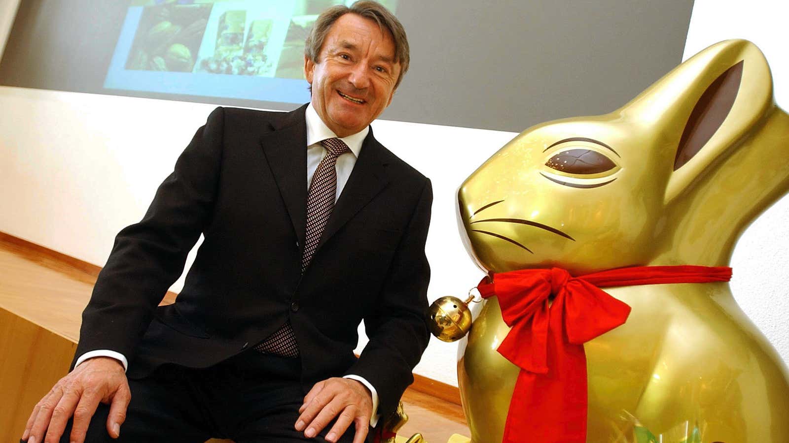 A chocolate bunny stares down Lindt CEO Ernst Tanner.