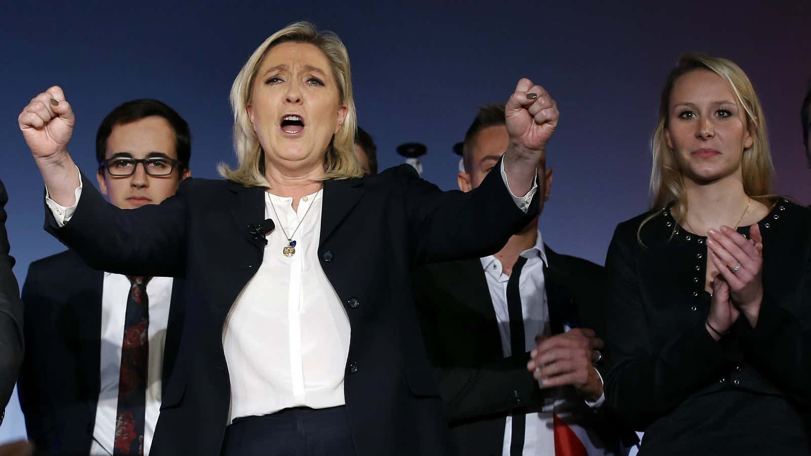 National Front party leader Marine Le Pen (left) and regional campaign chief Marion Marechal-Le Pen (right) at a rally in Nice.