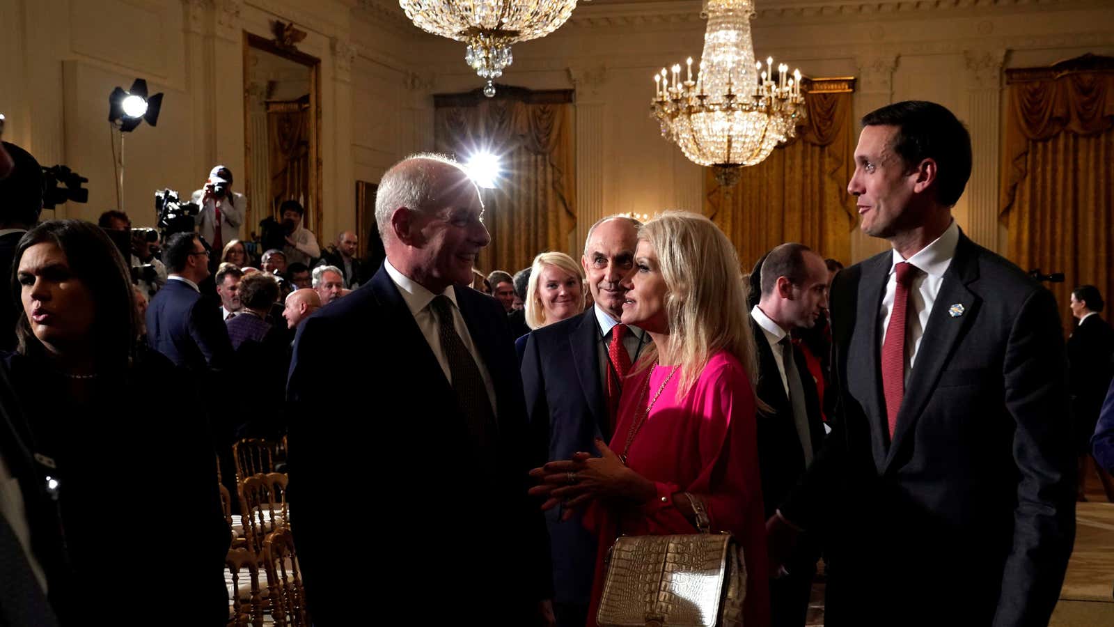 Presidential advisor Kellyanne Conway talks to White House chief of staff John Kelly at the Oct. 12 party.