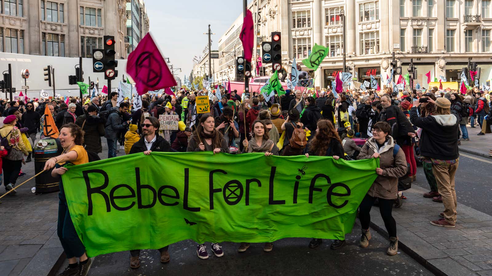 Extinction Rebellion climate change demonstration in Oxford Circus, London.