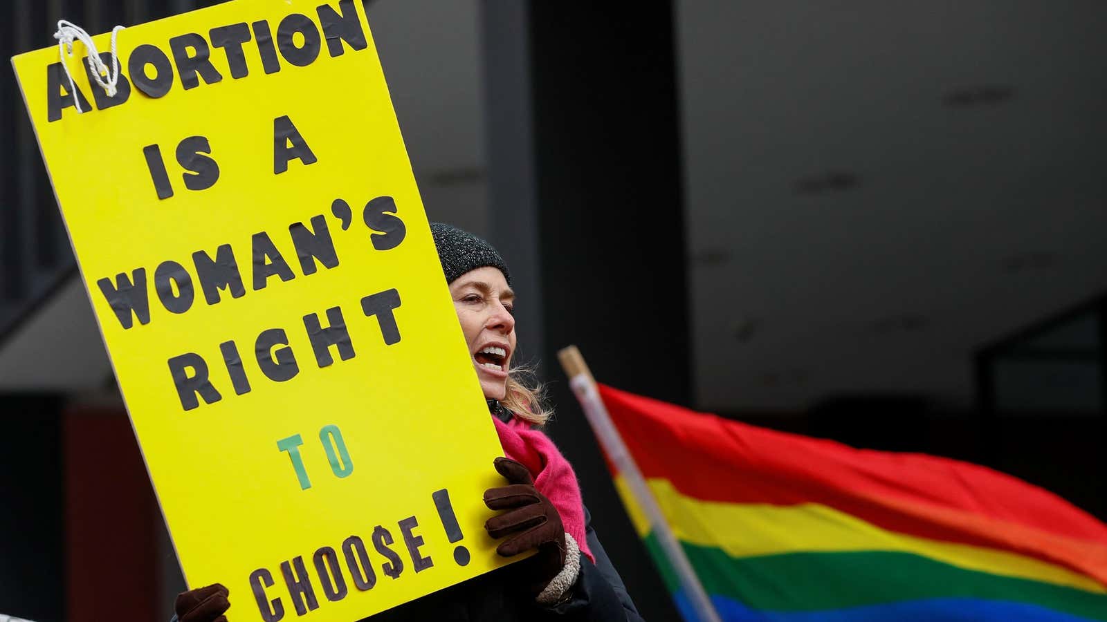 Anti-Trump demonstrator protests at abortion rights rally in Chicago, Illinois, January 15, 2017.