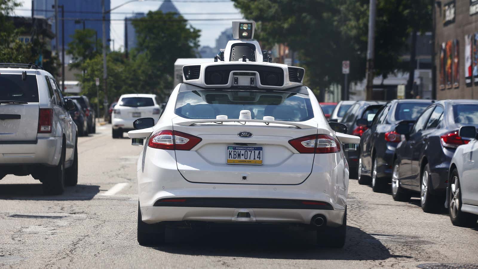 One of Uber’s self-driving Ford Fusions in Pittsburgh.