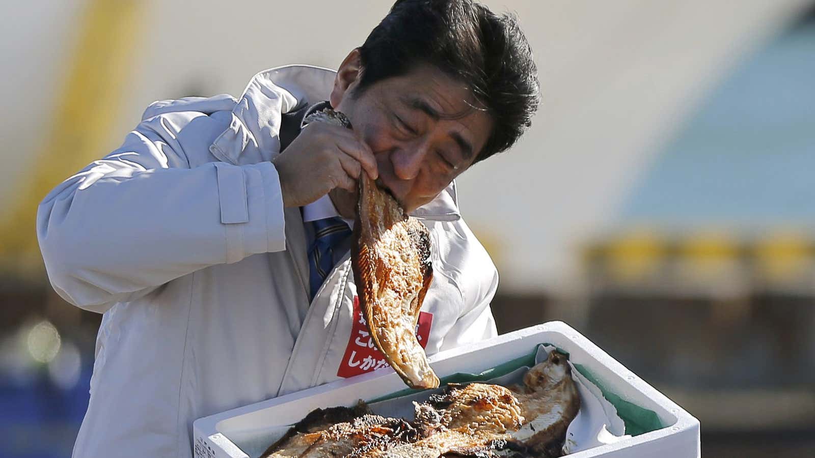 Shinzo Abe . . . just going for it during a campaign event in Soma, Fukushima prefecture in 2014.