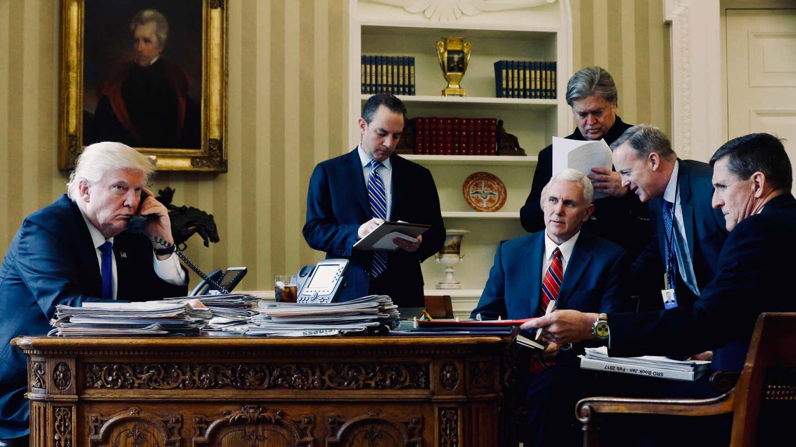 The president in the White House in Washington, chatting with Vladimir Putin in January 2017.