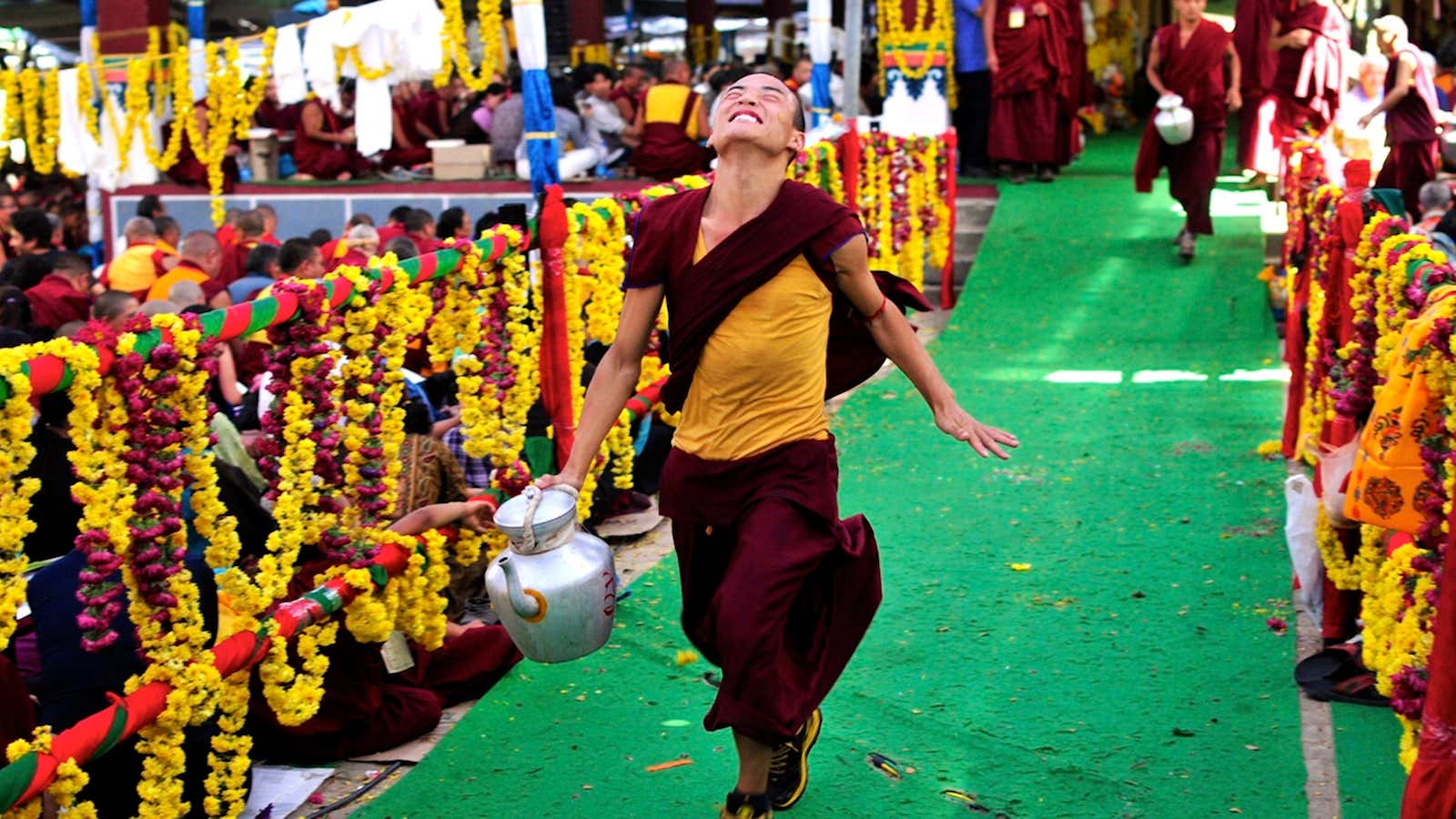 after serving butter tea to high priests attending the Jangchup Lamrim teachings at the Sera Monastery in Bylakuppe, about 135 miles west of Bangalore, India,…