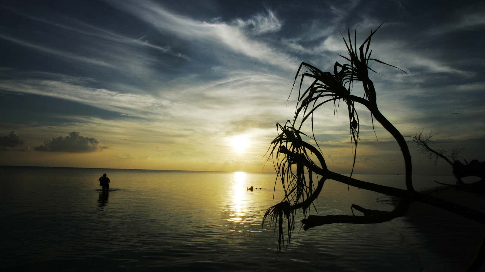 In this photo taken Sunday, April 26, 2009, an environmental activist stands in water on a beach during sunset on Anano island, Southeast Sulawesi province,…