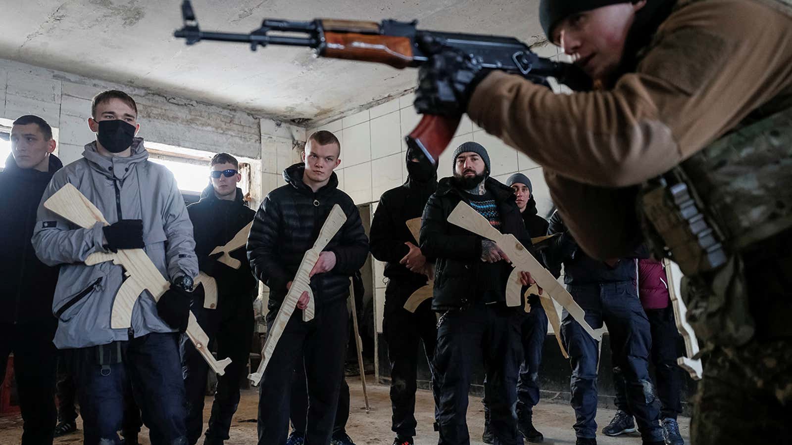 Ukraine civilians train in case of an invasion from Russia.