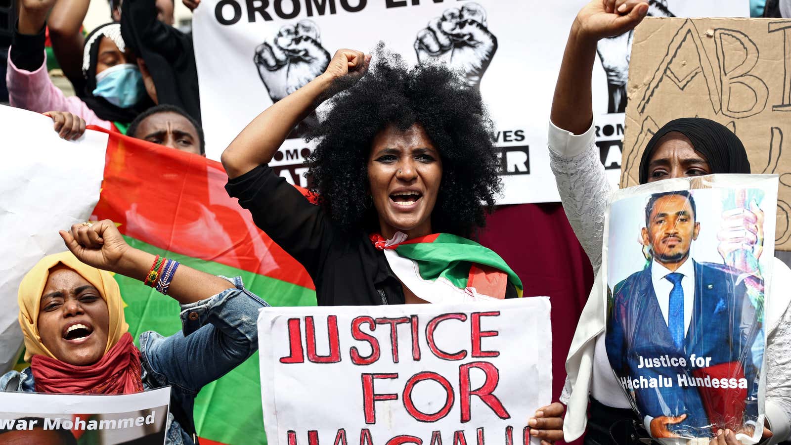 Oromo group protestors outside Downing Street in London July 3, 2020.