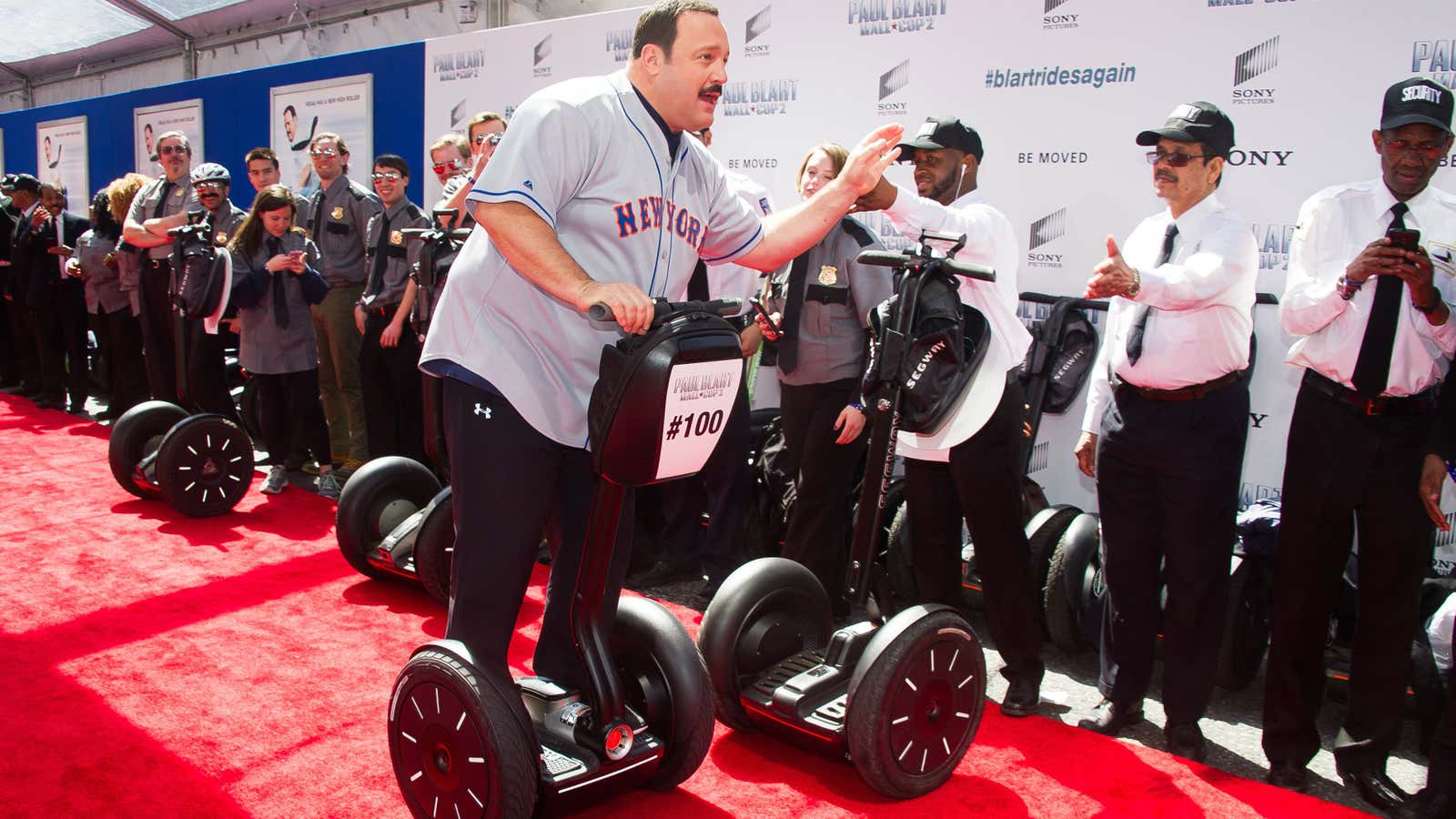 Kevin James arrives on a Segway to the premiere of “Paul Blart: Mall Cop 2.”