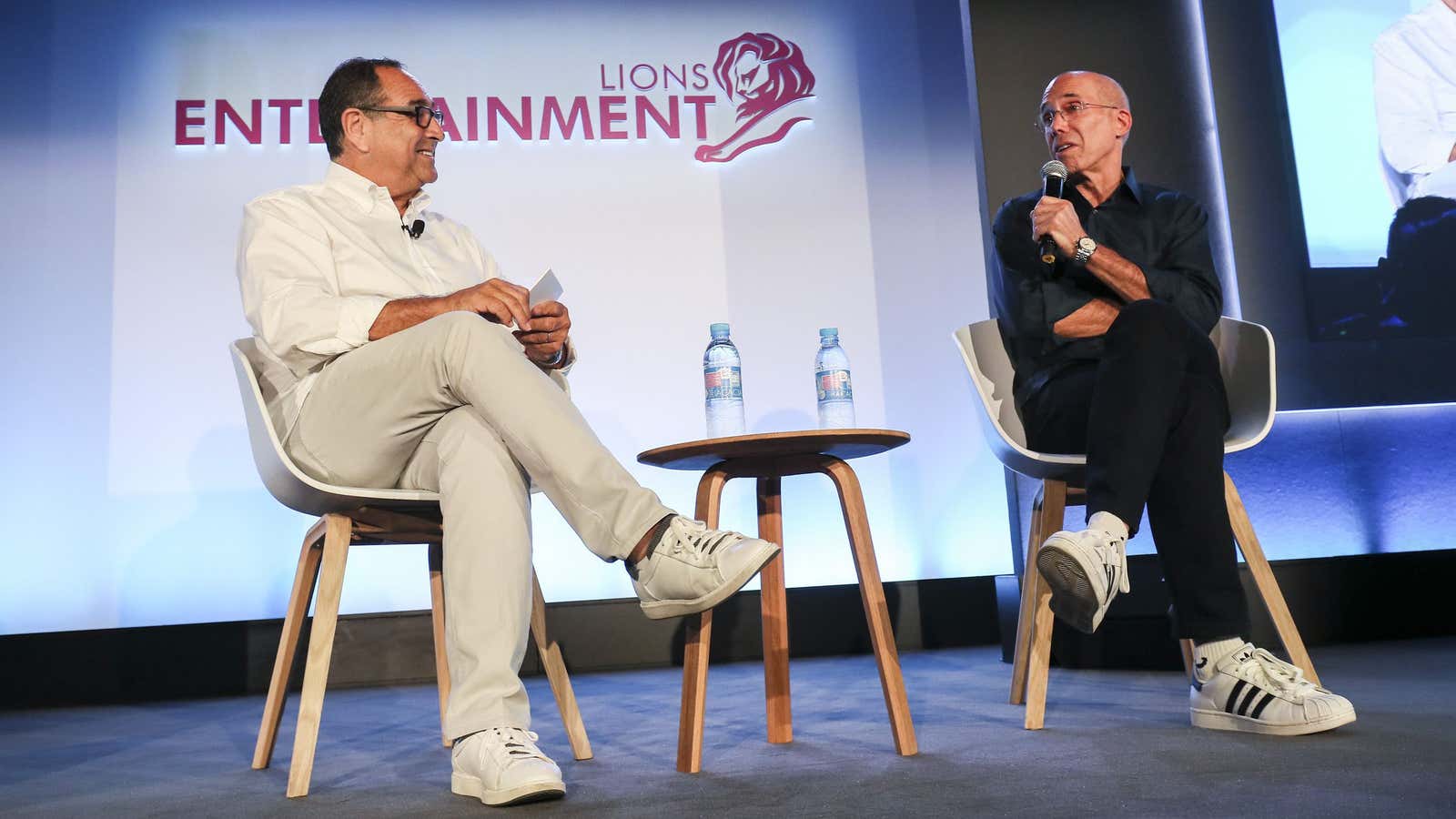 Jeffrey Katzenberg (right) and Michael Kassan discuss “Storytelling for a mobile plant” at the Cannes festival.