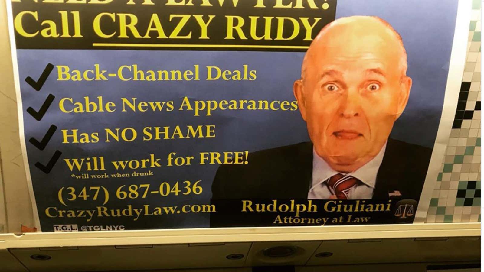 A guerrilla art campaign is posting fake Rudy Giuliani ads in New York subway cars