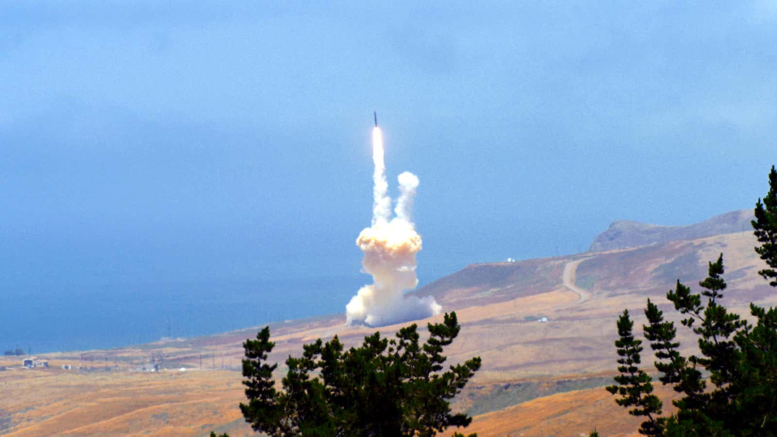 A missile interceptor launches from California’s Vandenberg Air Force base during a 2017 test.