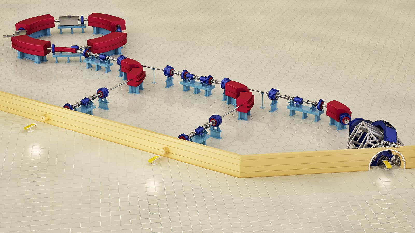 This mechanical rendering of a proton beam therapy system illustrates how the synchrotron particle accelerator generates protons that travel at high speeds to gantries, where the angle of the proton beam rotates, and fixed beam treatment stations.