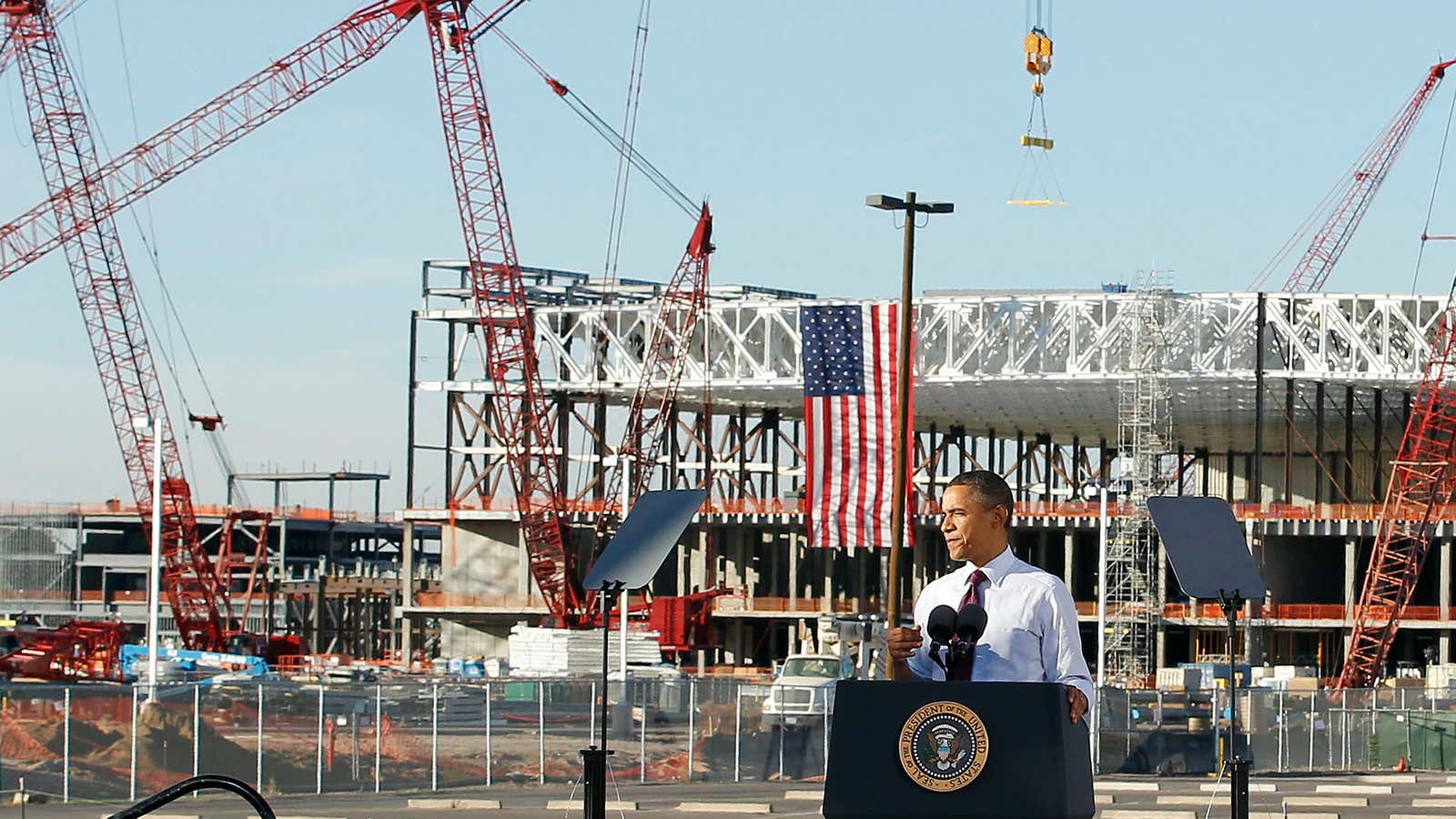 President Obama speaks in front of Intel’s Fab 42, where its next-generation microchips will be made.