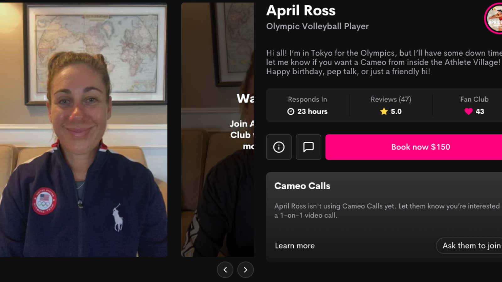 US Olympic volleyball player April Ross’s profile on Cameo.