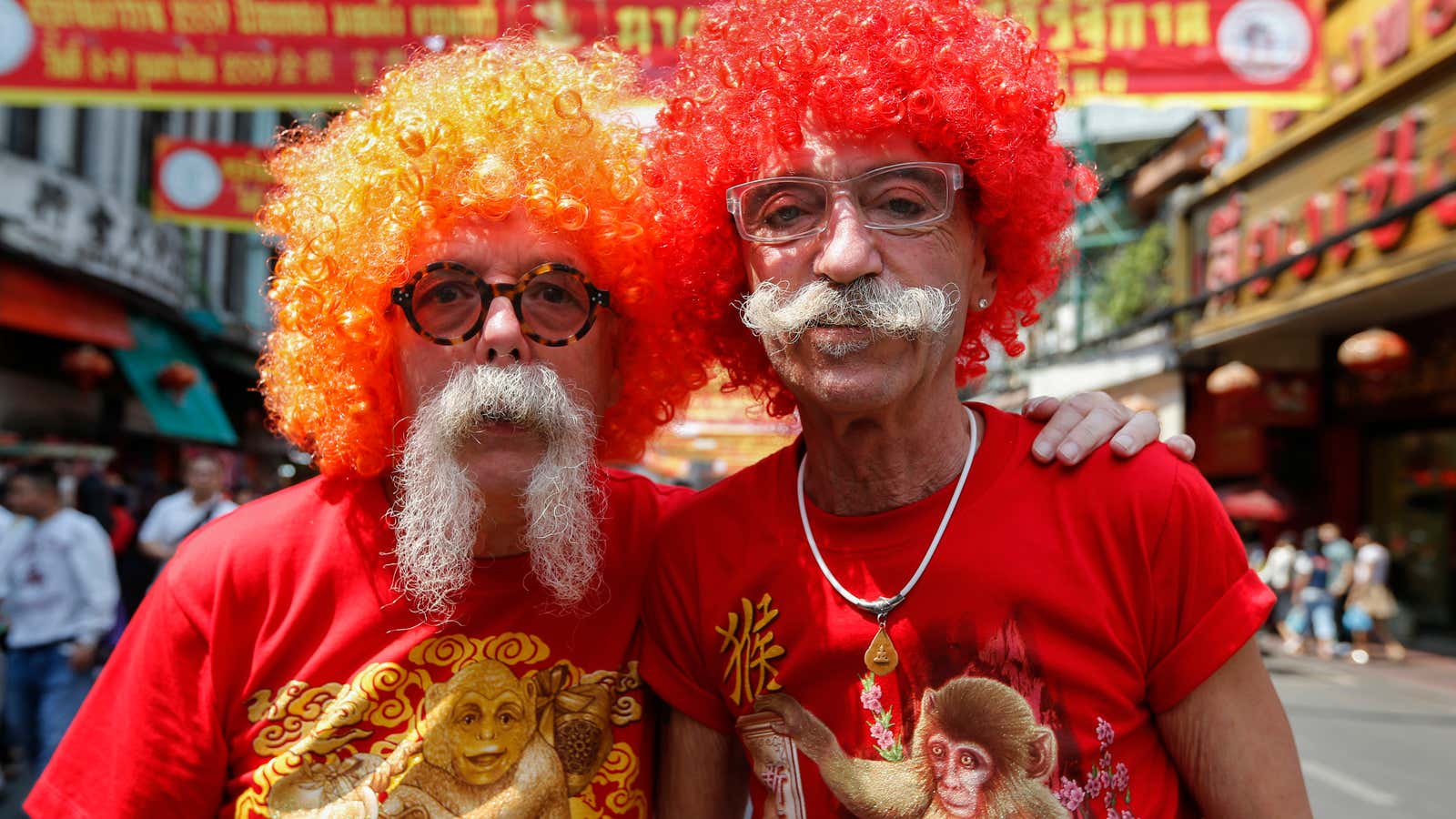 Just a couple of white guys clowning around in Chinatown.