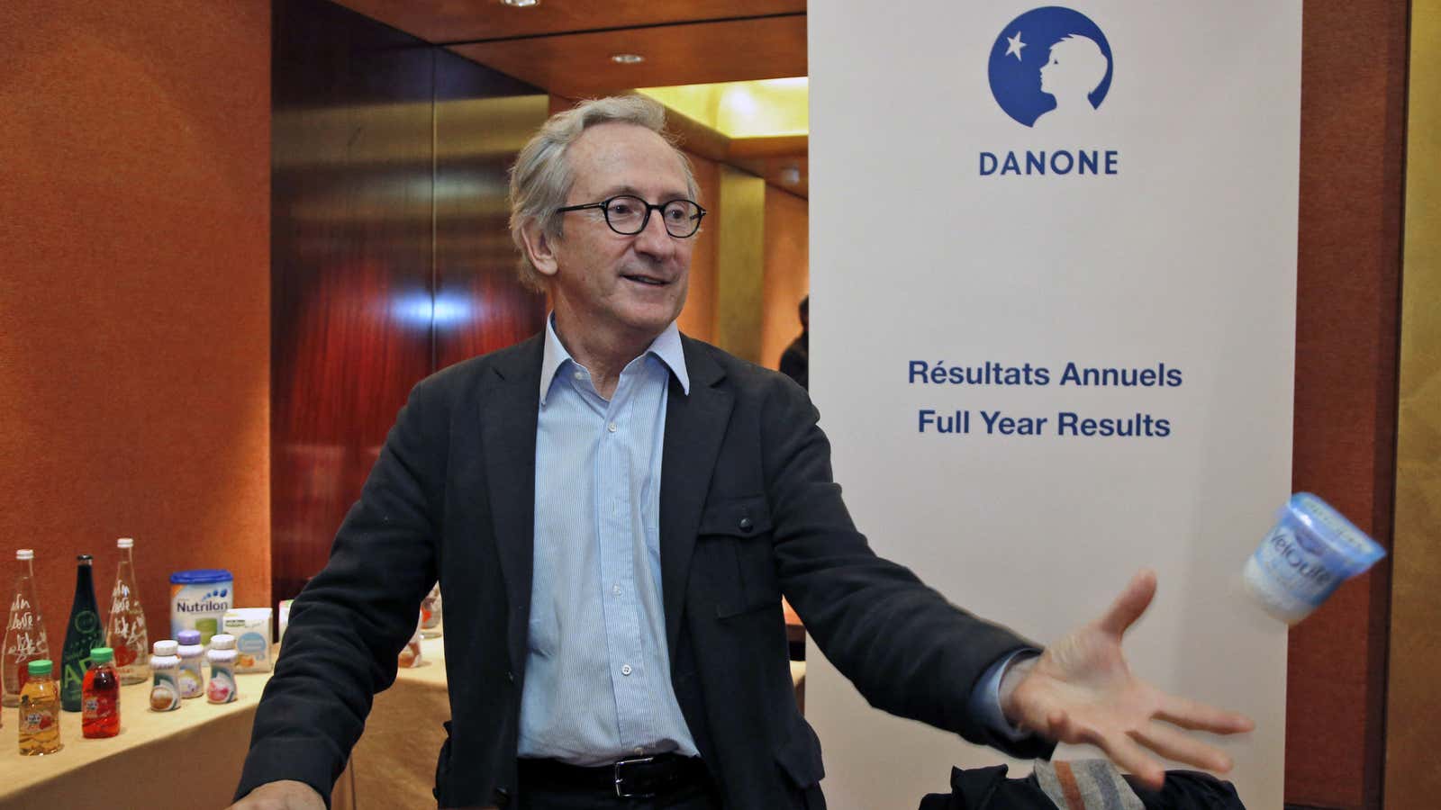 Danone CEO Franck Riboud throws yogurt.