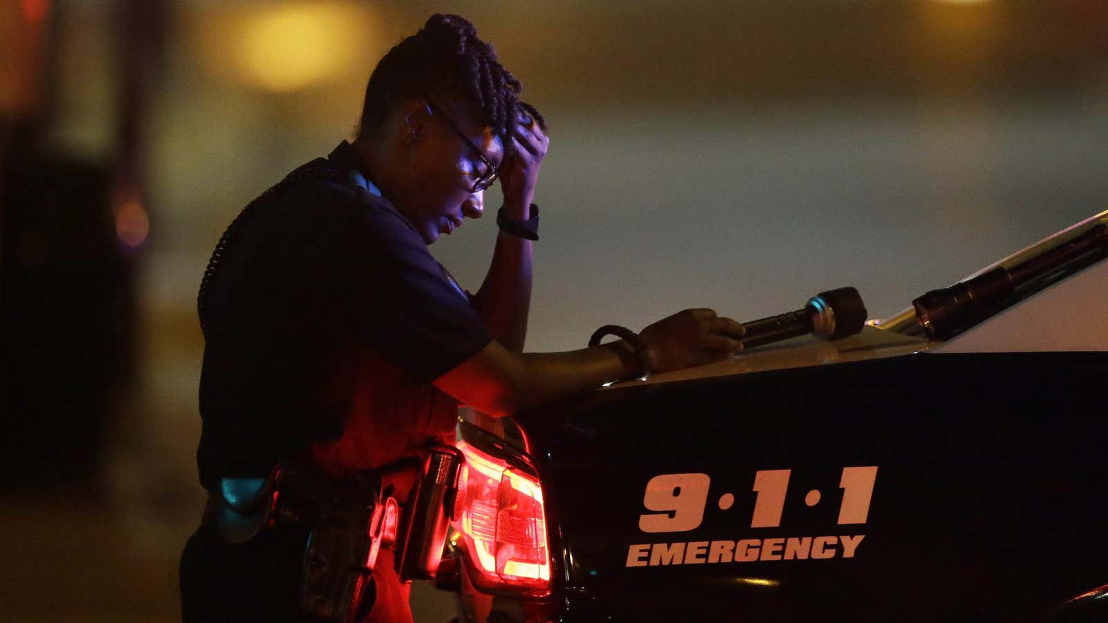 A Dallas police officer on duty on Friday morning.