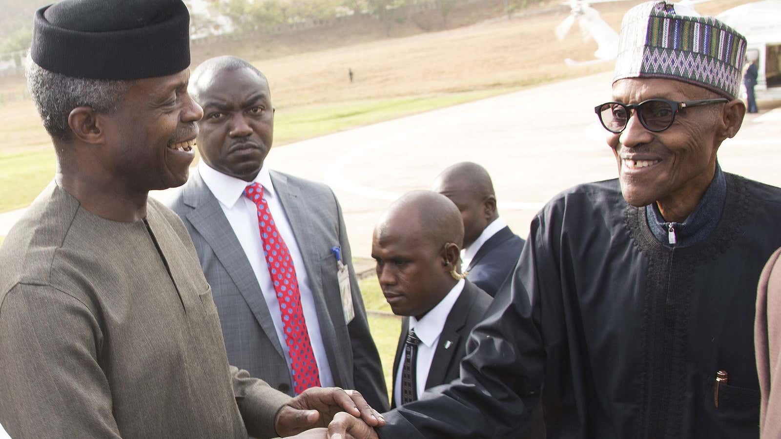 Vice president Osinbajo welcomes president Muhammadu Buhari on arrival from his first medical leave.