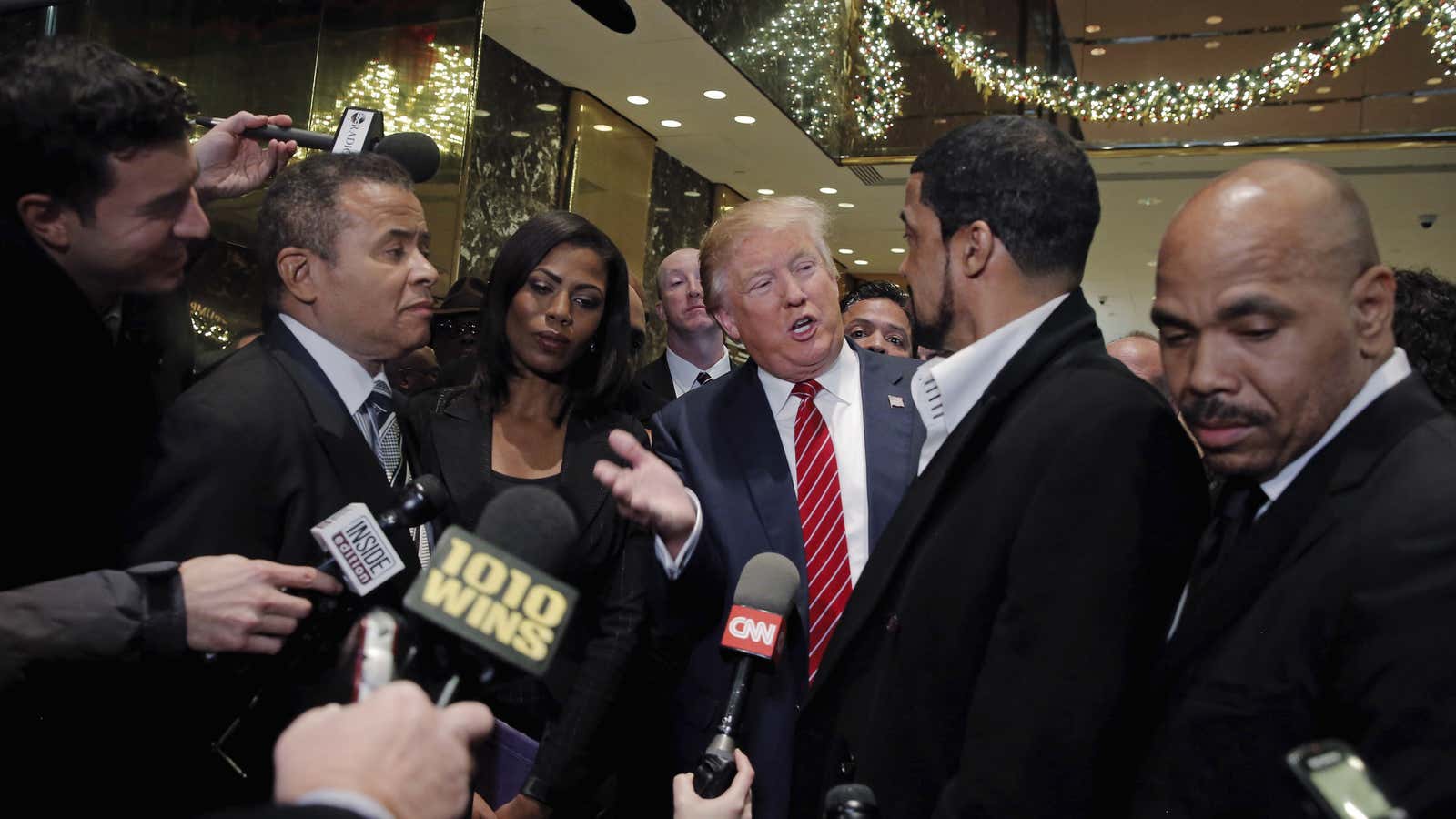 Donald Trump speaks to the media after meeting with a group of black pastors in 2015.