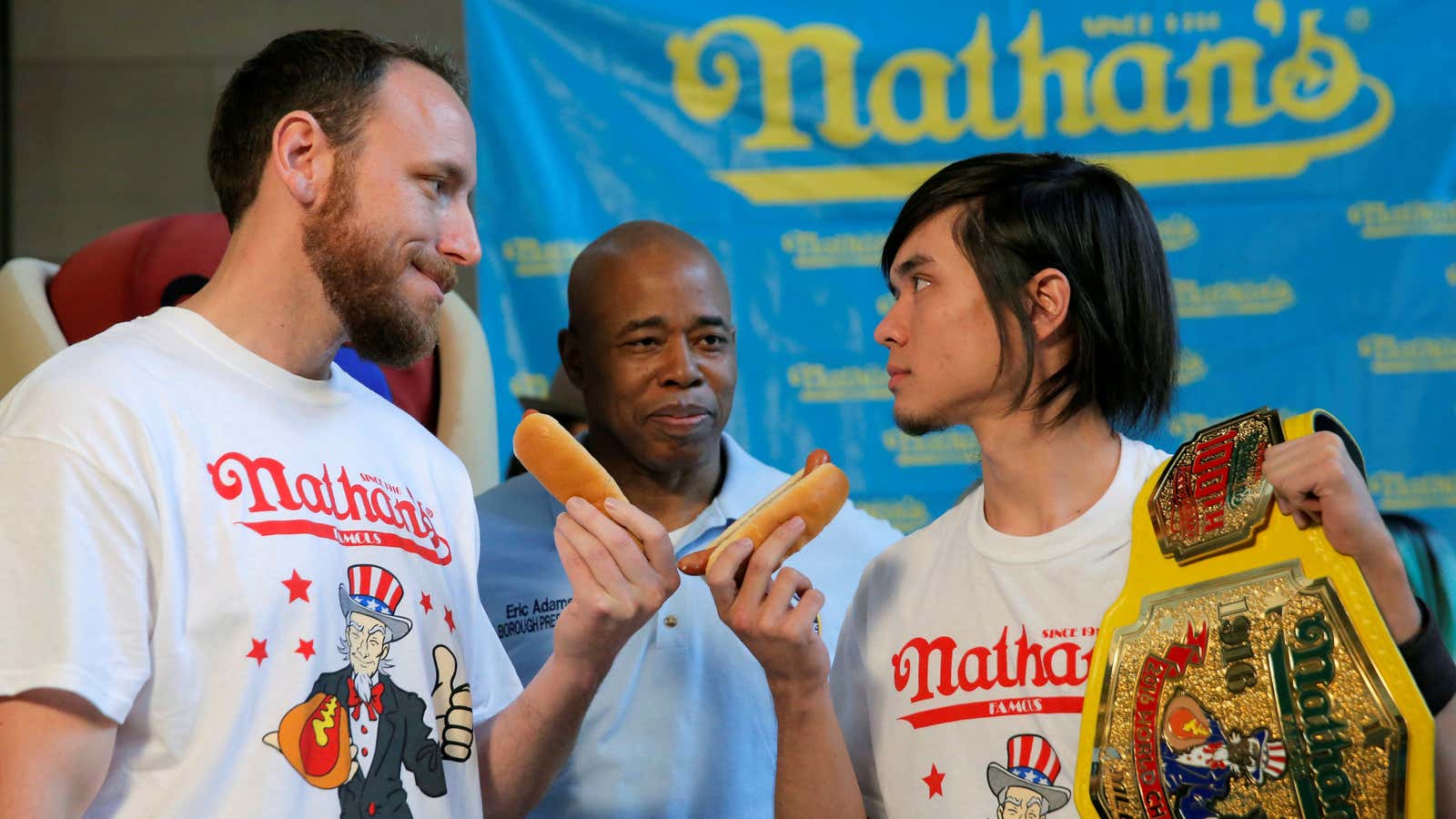 Current world record holder and eight time champion Joey Chestnut stares down with current champion Matt Stonie.