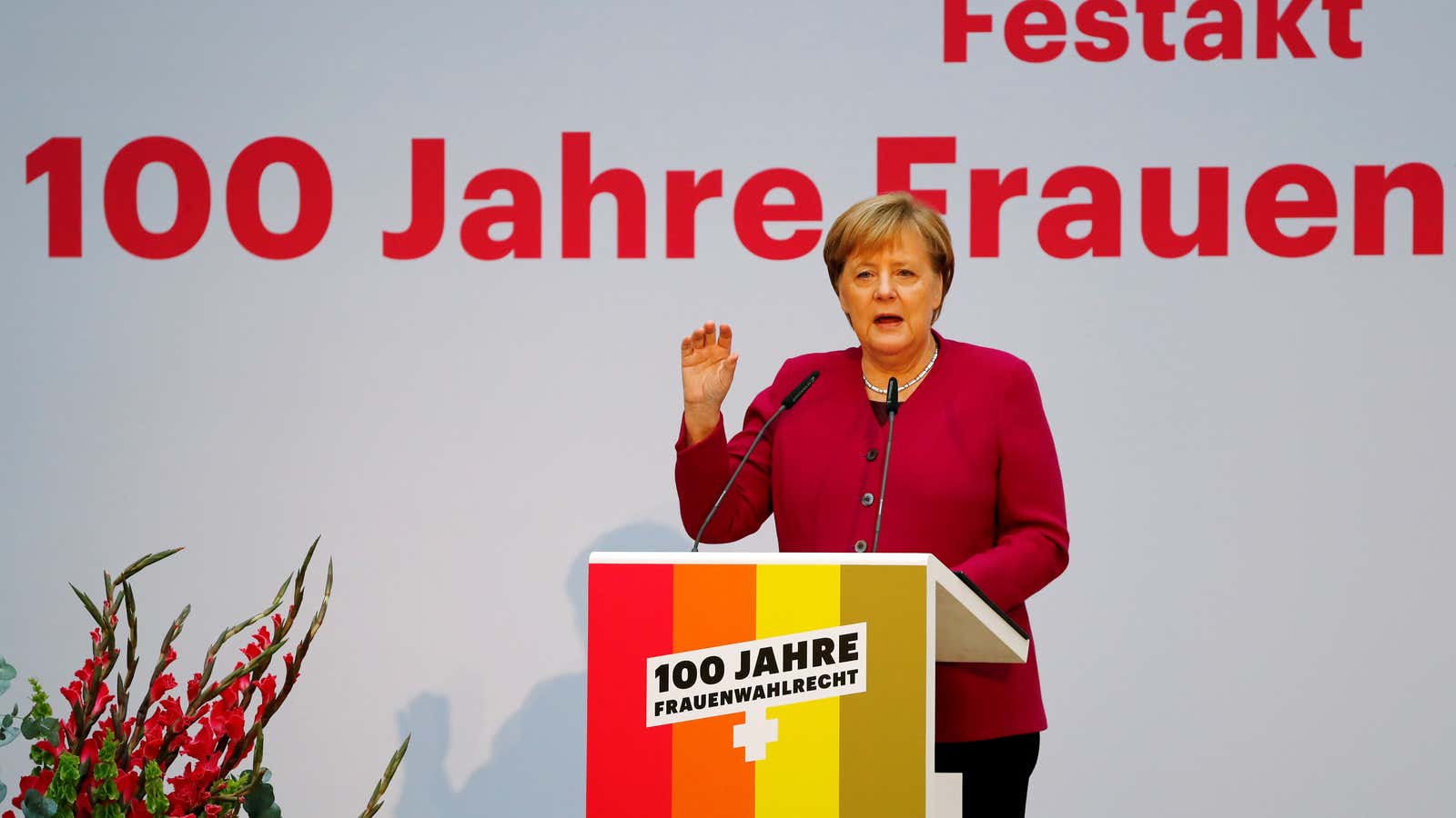 Angela Merkel at an event marking 100 years of women’s suffrage in Germany.