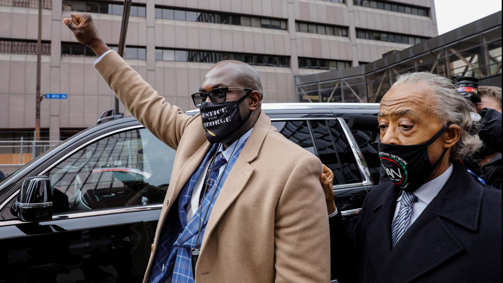 George Floyd’s brother Philonise Floyd and reverend Al Sharpton leave the Hennepin County Government Center on April 19, 2021, the day before the verdict was reached.