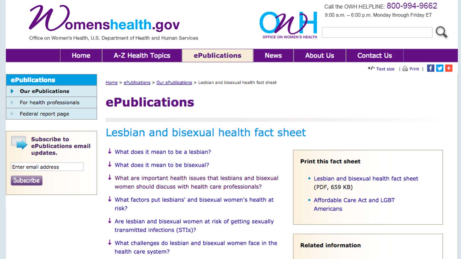 A webpage about lesbian and bisexual health was removed from US