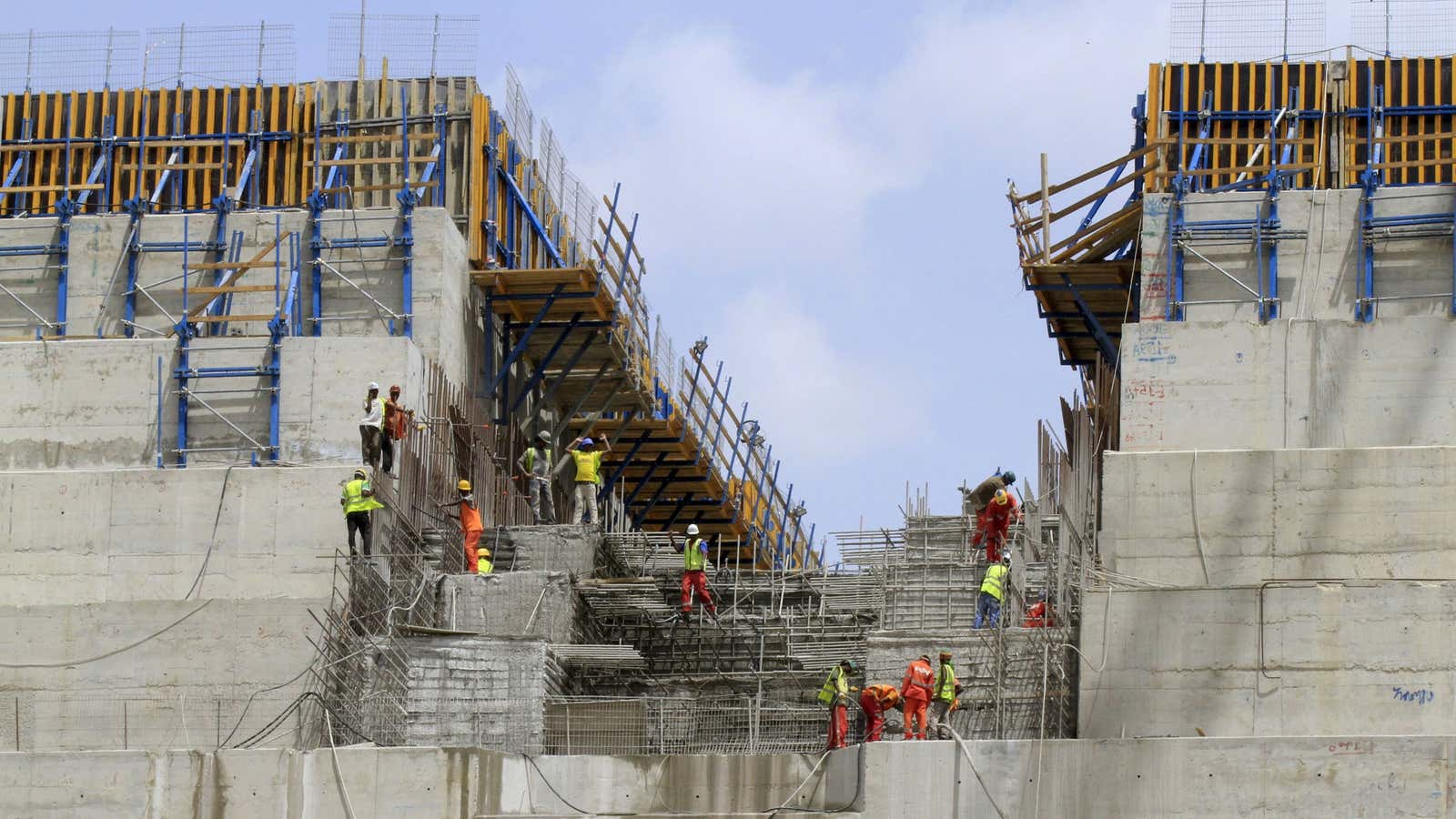 Construction workers in a section of Ethiopia’s Grand Renaissance Dam in 2015.