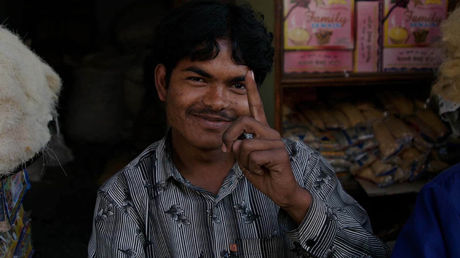 Sewiyan merchant Sandeep told me he had only one wife after some friends (off camera) teased him about having more.