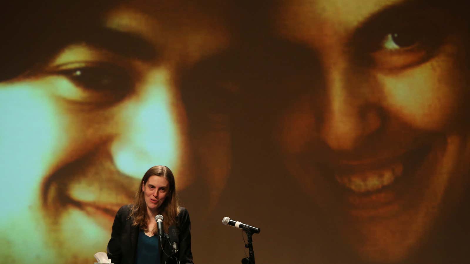 Corporate accountability advocate Taren Stinebrickner-Kauffman speaks at a memorial service for Aaron Swartz.