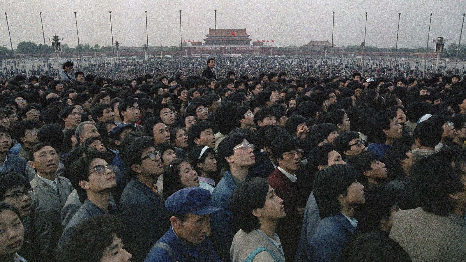 Tens of thousands of students and citizens crowd Beijing’s Tiananmen Square on April 21, 1989.